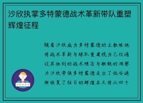 沙欣执掌多特蒙德战术革新带队重塑辉煌征程