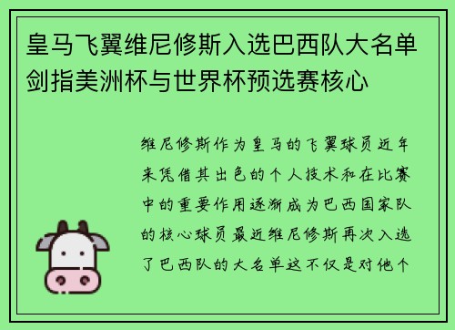 皇马飞翼维尼修斯入选巴西队大名单剑指美洲杯与世界杯预选赛核心 皇马飞翼维尼修斯入选巴西队大名单剑指美洲杯与世界杯预选赛核心
